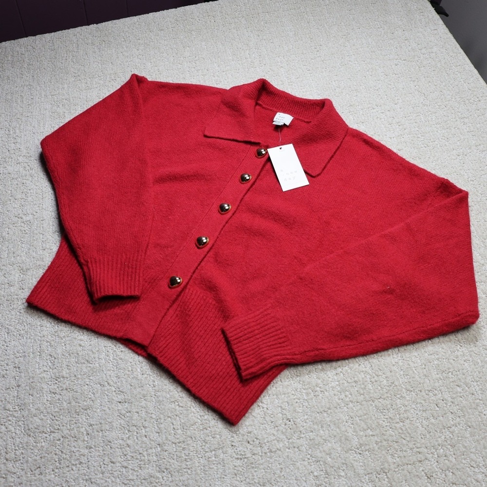 A New Day Red Heart Button Polo Collar Cardigan Sweater S 358R2K